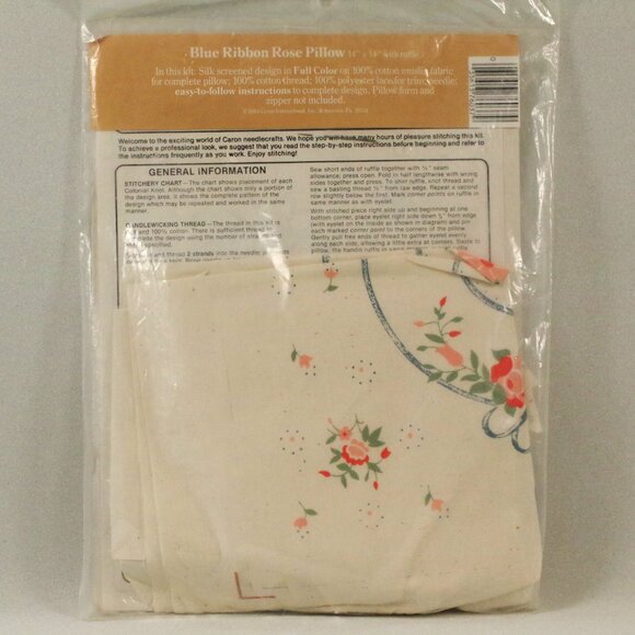 Caron Candlewicking Embroidery Kit Ruffled Pillow Cover #6037 Blue Ribbon Rose - Picture 2 of 3